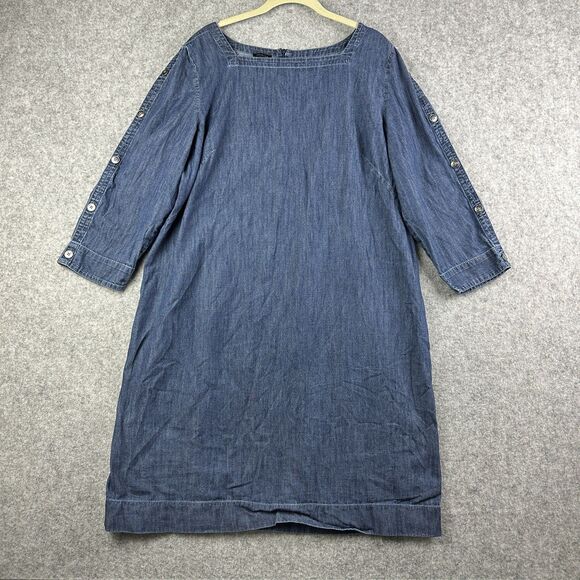 Talbots Chambray Denim Dress Womens 16 Blue Dark Wash Shift Zip Buttons Capsule* - Picture 1 of 16